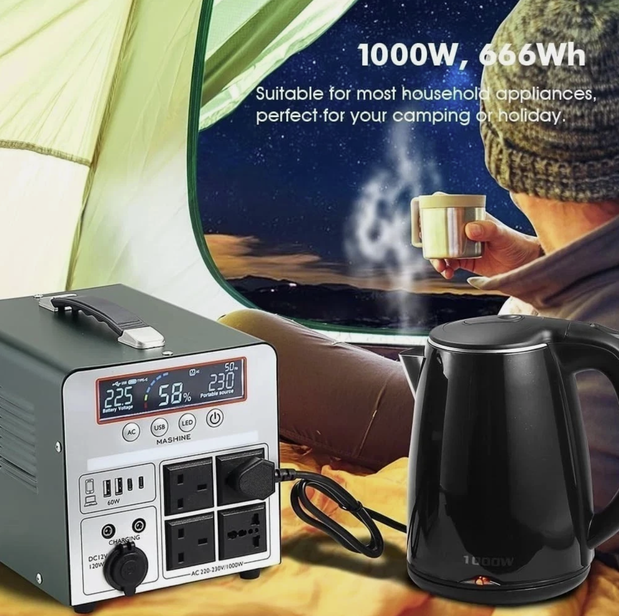 Mashine Power Station 1000W/666Wh, Portable Rechargeable Generator Inverter - Image 3