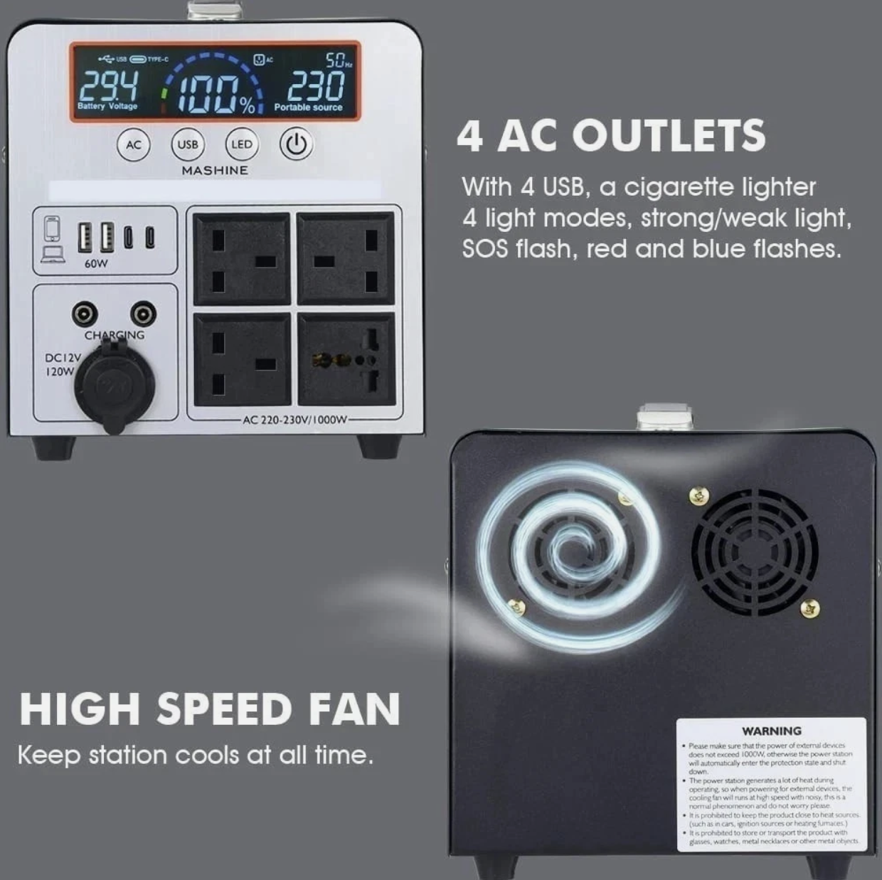 Mashine Power Station 1000W/666Wh, Portable Rechargeable Generator Inverter - Image 6