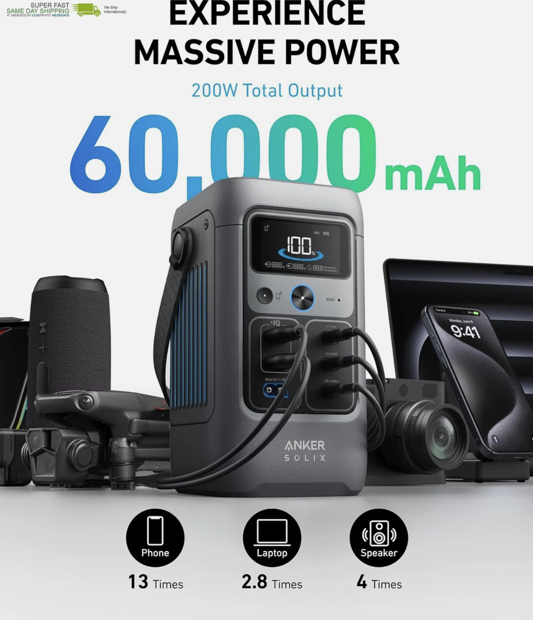 Power Bank Station, 192Wh Portable Power Station, Lifepo4 Battery, 200W Solar - Image 2