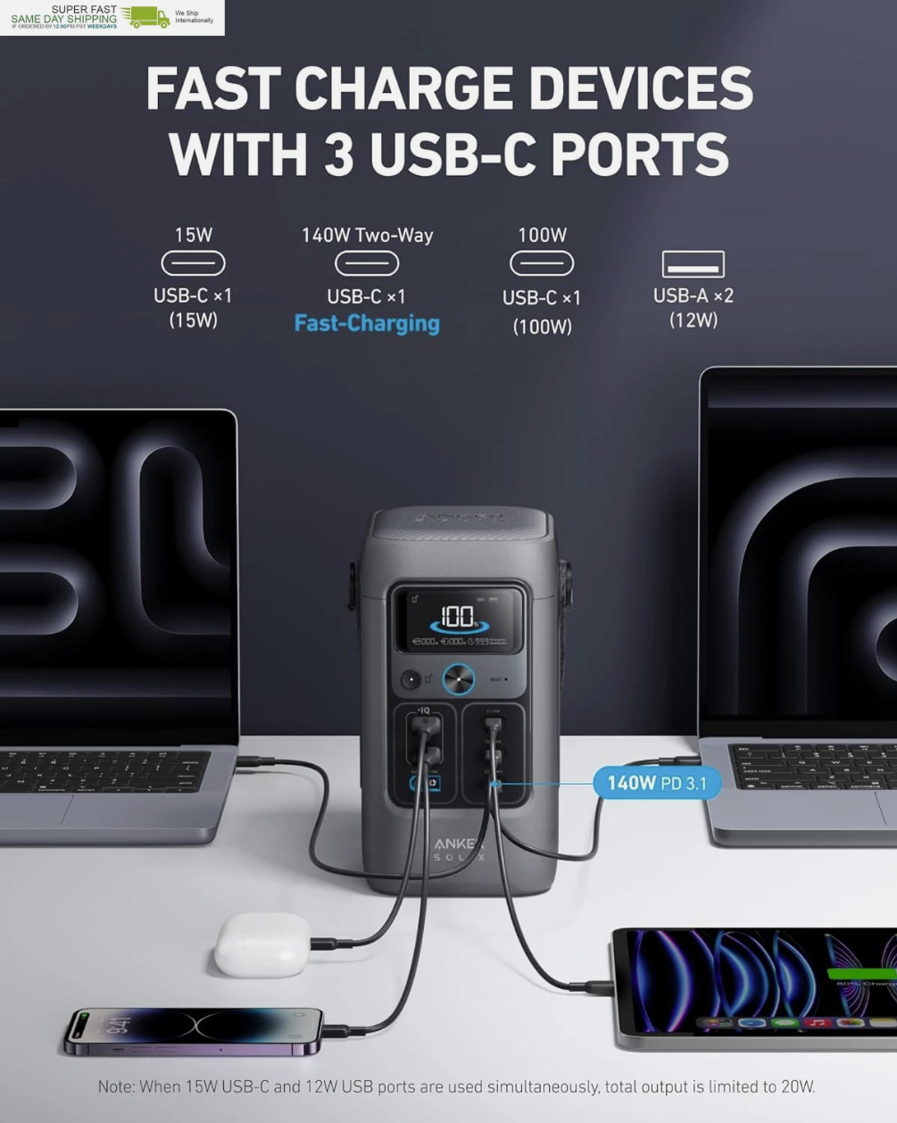 Power Bank Station, 192Wh Portable Power Station, Lifepo4 Battery, 200W Solar - Image 3